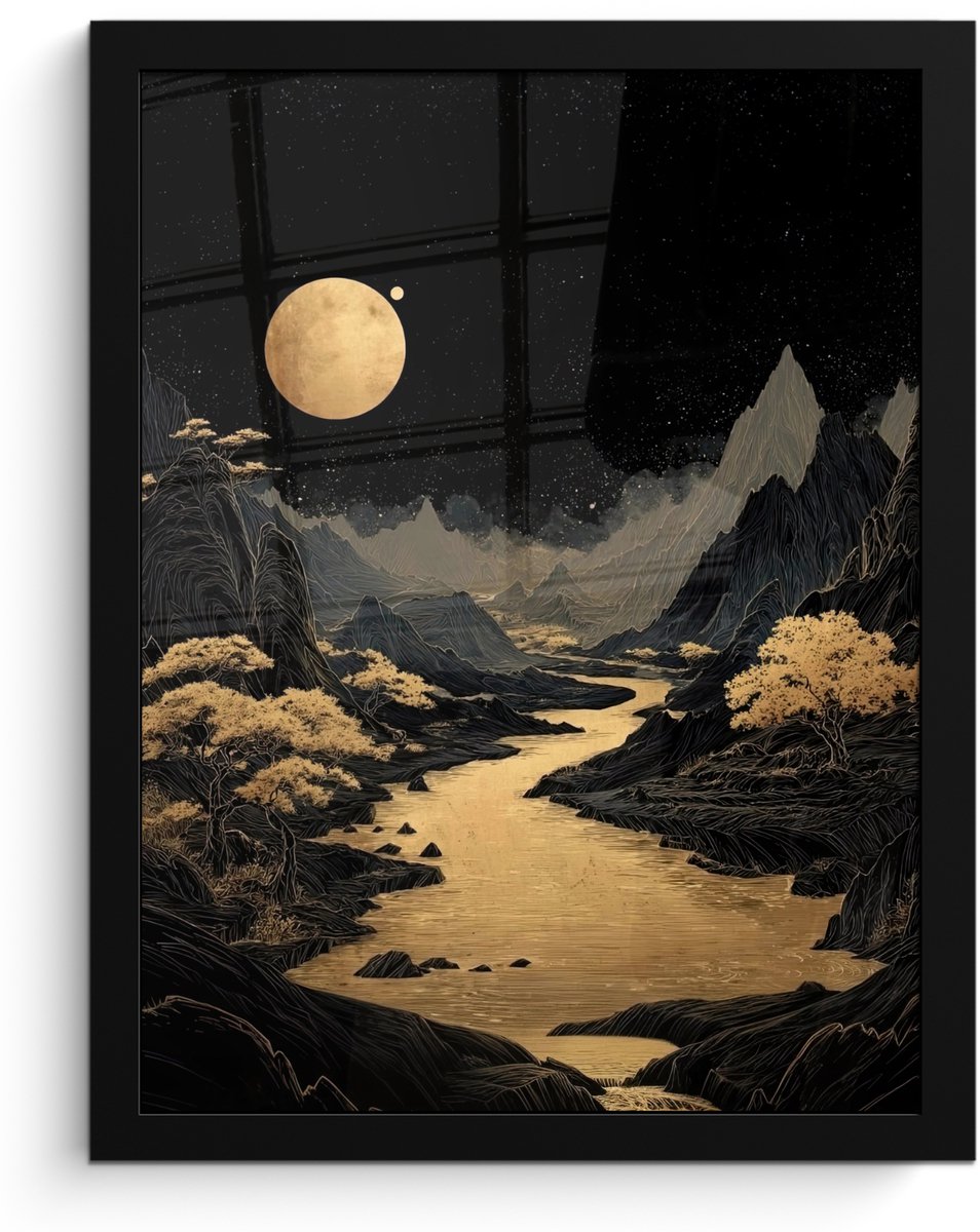 FrameYourWall Poster in lijst - Fotolijst 30x40 cm - Posters - Gouden rivier - Bergen - Maan - Sterrenhemel - Posterlijst zwart - Decoratie - Wanddecoratie woonkamer - Muurdecoratie slaapkamer