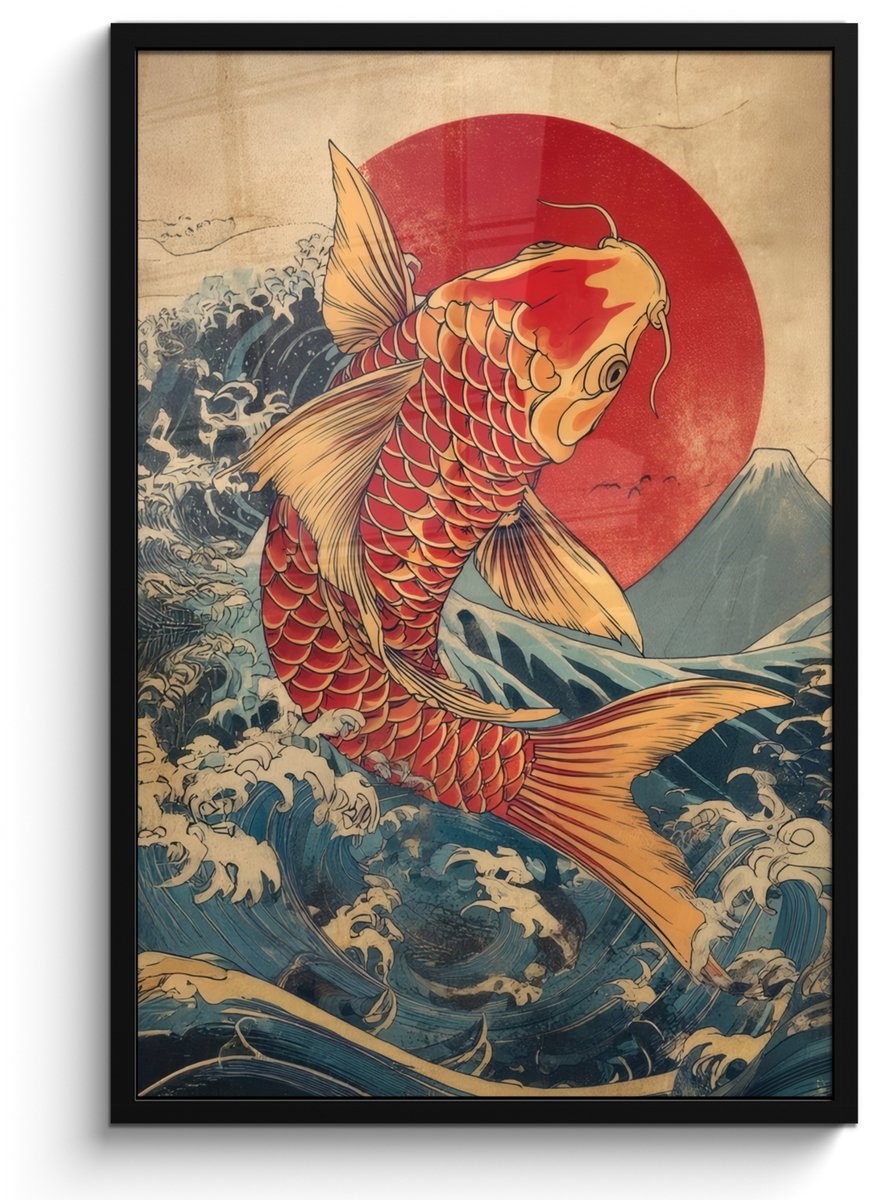 FrameYourWall Poster in lijst - Fotolijst 60x90 cm - Posters - Koi - Zee - Golven - Zon - Posterlijst zwart - Decoratie - Wanddecoratie woonkamer - Muurdecoratie slaapkamer
