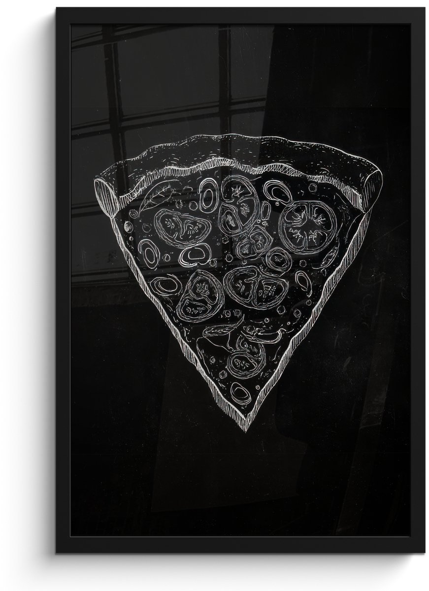 FrameYourWall Poster in lijst - Fotolijst 40x60 cm - Posters - Pizzapunt - Toppings - Krijttekening - Posterlijst zwart - Decoratie - Wanddecoratie woonkamer - Muurdecoratie slaapkamer