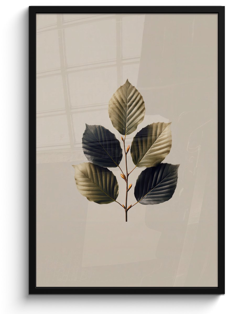 FrameYourWall Poster in lijst - Fotolijst 60x90 cm - Posters - Beukenbladeren - Bruin - Groen - neutraal - Posterlijst zwart - Decoratie - Wanddecoratie woonkamer - Muurdecoratie slaapkamer