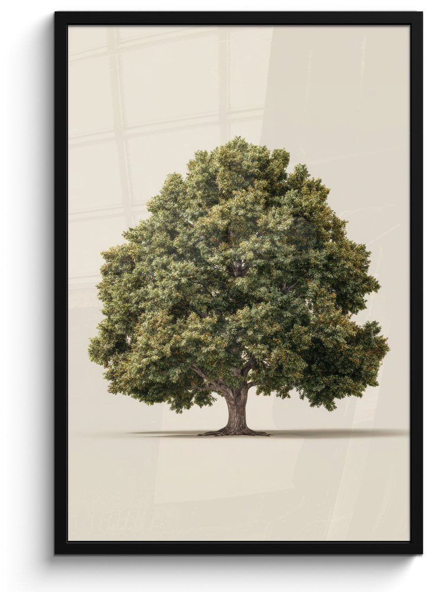 FrameYourWall Poster in lijst - Fotolijst 60x90 cm - Posters - Eikenboom - Groen - Lichte achtergrond - Posterlijst zwart - Decoratie - Wanddecoratie woonkamer - Muurdecoratie slaapkamer