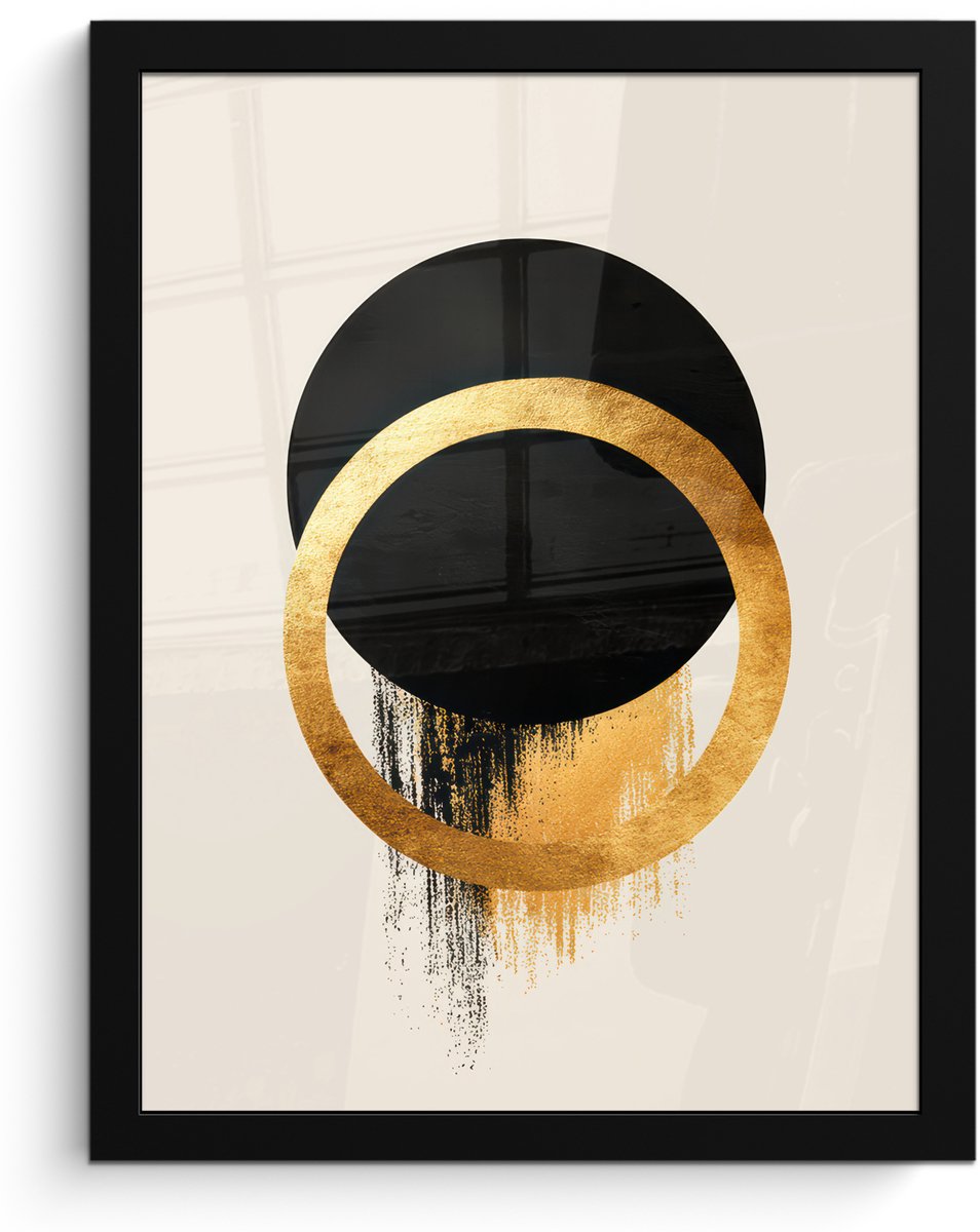 FrameYourWall Poster in lijst - Fotolijst 30x40 cm - Posters - Abstract ontwerp - Zwarte cirkel - Verfvlekken - Posterlijst zwart - Decoratie - Wanddecoratie woonkamer - Muurdecoratie slaapkamer Cirkels - Verfvlekken
