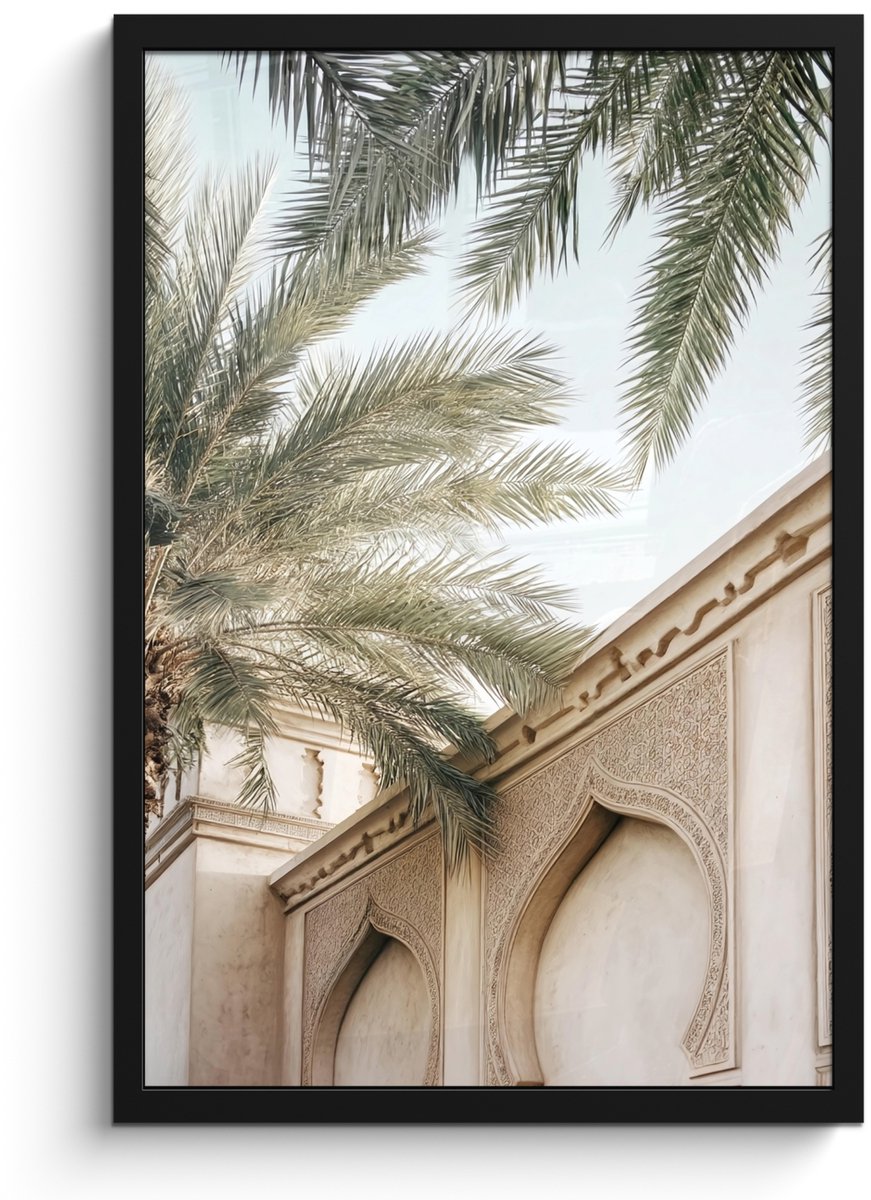 FrameYourWall Poster in lijst - Fotolijst 40x60 cm - Posters - Gebouw - Palmbomen - Beige - Zon - Posterlijst zwart - Decoratie - Wanddecoratie woonkamer - Muurdecoratie slaapkamer