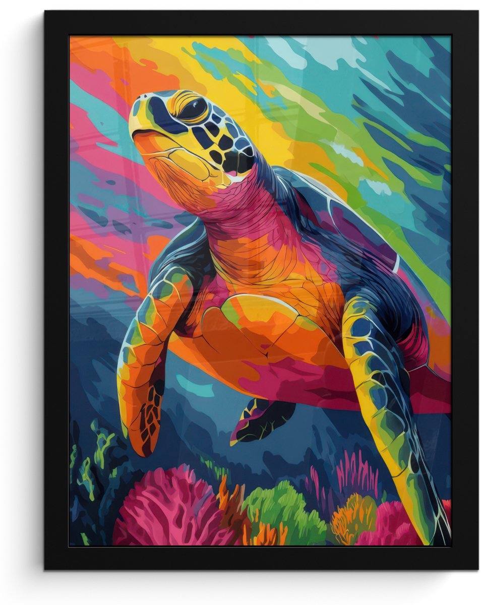 FrameYourWall Poster in lijst - Fotolijst 30x40 cm - Posters - Koraal - Schildpad - Abstract - Water - Posterlijst zwart - Decoratie - Wanddecoratie woonkamer - Muurdecoratie slaapkamer Schildpad - Kleurrijk