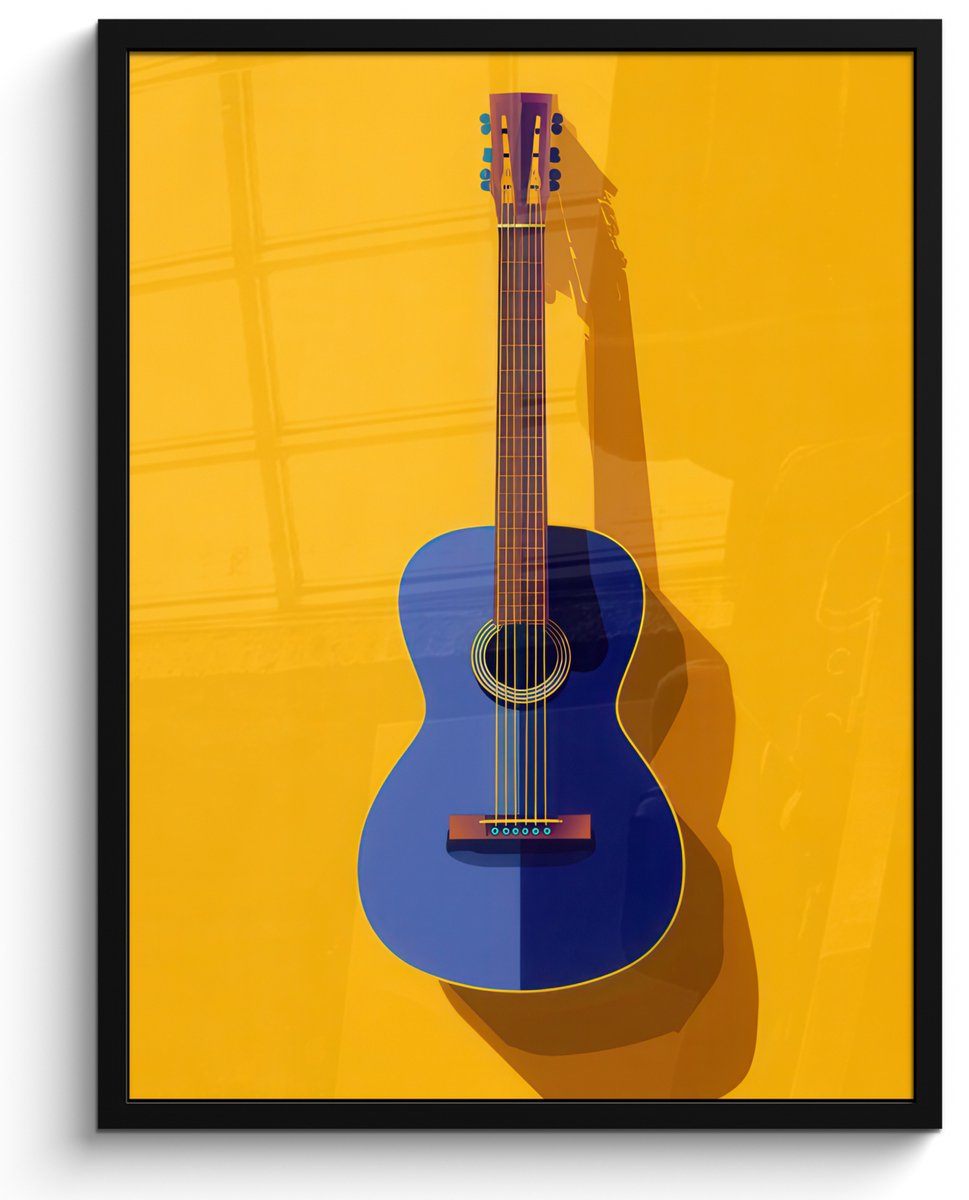FrameYourWall Poster in lijst - Fotolijst 60x80 cm - Posters - Gitaar - Akoestisch - Minimalistisch - Geel - Posterlijst zwart - Decoratie - Wanddecoratie woonkamer - Muurdecoratie slaapkamer - Kerstversiering - Kerstdecoratie voor binnen - Kerstmis