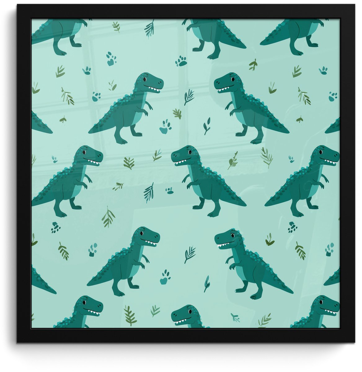 FrameYourWall Poster in lijst - Fotolijst 40x40 cm - Posters - Donkergroen - Dinosaurussen - Afdrukken - Bladeren - Posterlijst zwart - Decoratie - Wanddecoratie woonkamer - Muurdecoratie slaapkamer Dinosaurussen - Bladeren