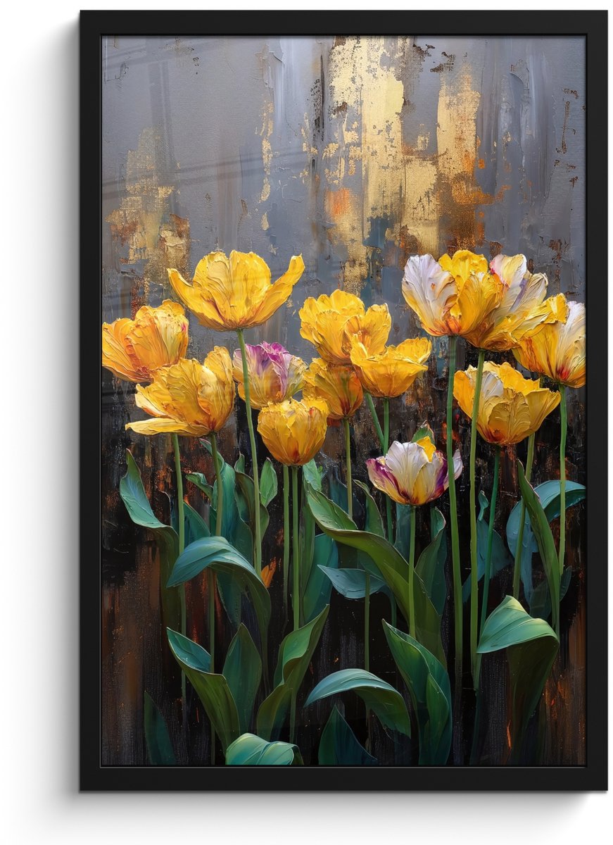 FrameYourWall Poster in lijst - Fotolijst 40x60 cm - Posters - Tulpen - Geel - Penseelstreken - Abstract - Posterlijst zwart - Decoratie - Wanddecoratie woonkamer - Muurdecoratie slaapkamer