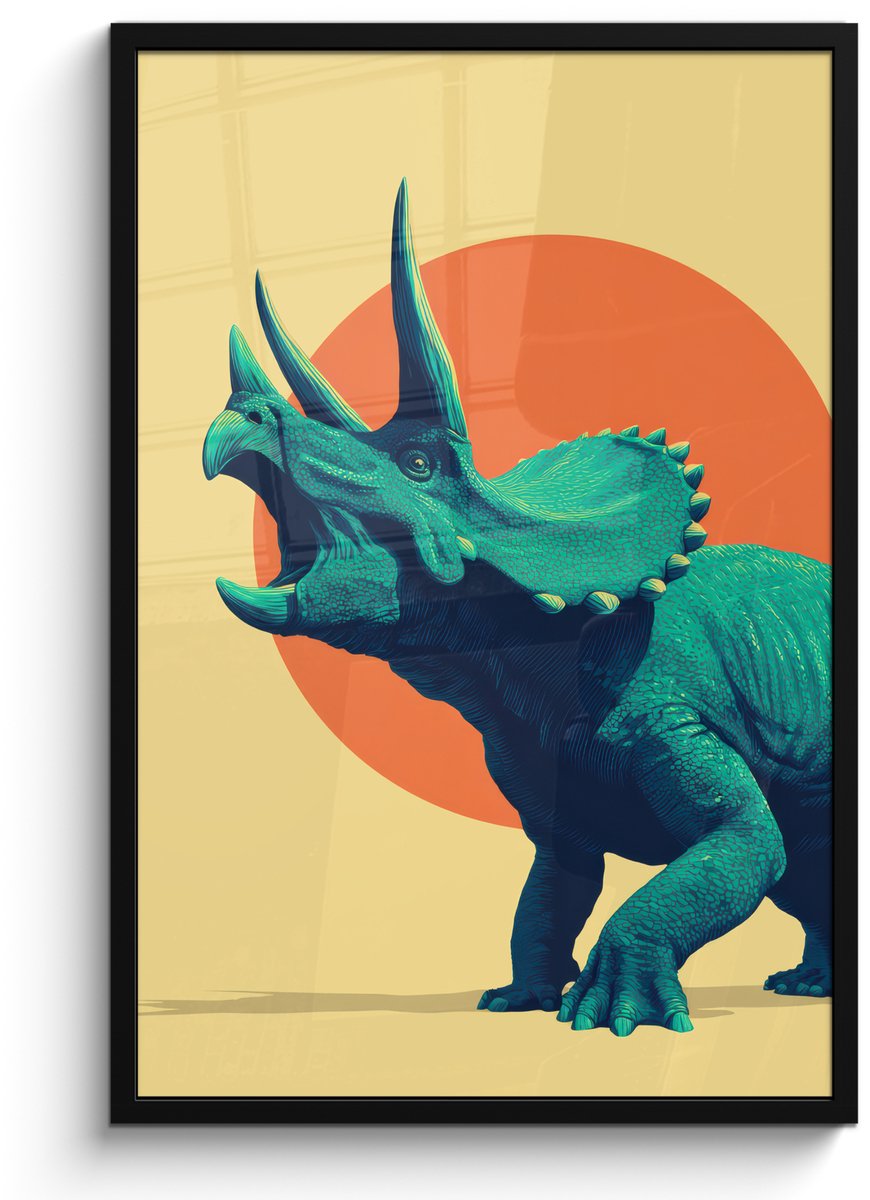 FrameYourWall Poster in lijst - Fotolijst 60x90 cm - Posters - Triceratops - Cirkel - Oranje - Hoorns - Posterlijst zwart - Decoratie - Wanddecoratie woonkamer - Muurdecoratie slaapkamer