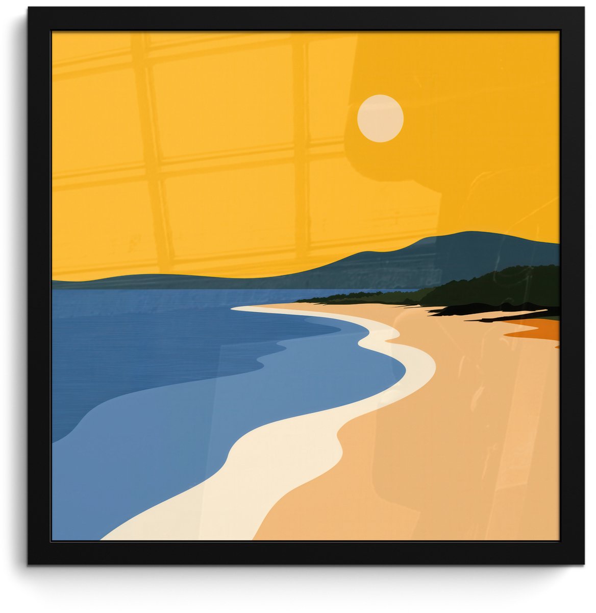 FrameYourWall Poster in lijst - Fotolijst 40x40 cm - Posters - Kustlijn - Oranje lucht - Begroeiing - Posterlijst zwart - Decoratie - Wanddecoratie woonkamer - Muurdecoratie slaapkamer Kustlijn - Zon
