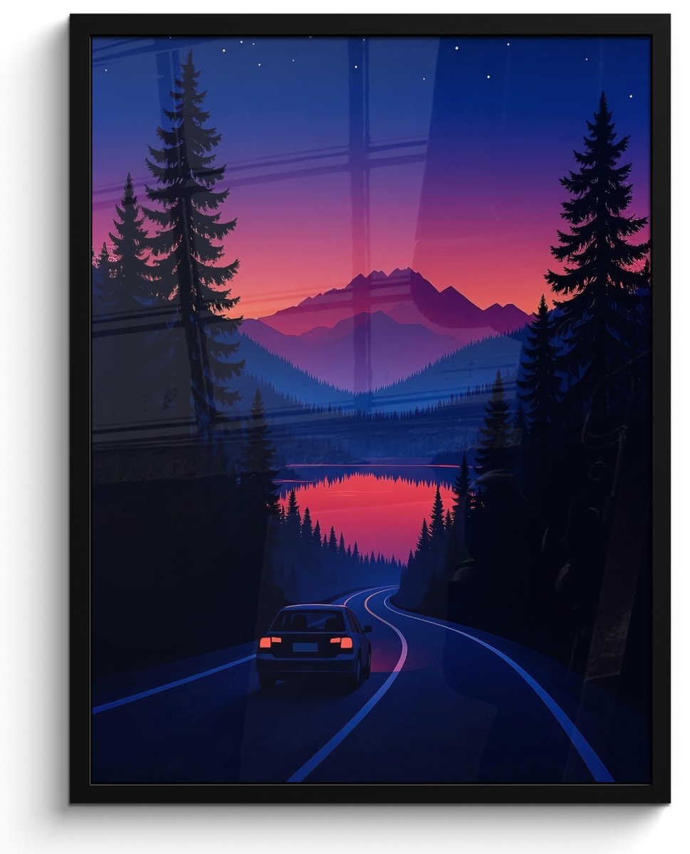 FrameYourWall Poster in lijst - Fotolijst 60x80 cm - Posters - Auto - Donkere dennenbomen - Zonsondergang - Posterlijst zwart - Decoratie - Wanddecoratie woonkamer - Muurdecoratie slaapkamer Auto - Dennenbomen - Zonsondergang