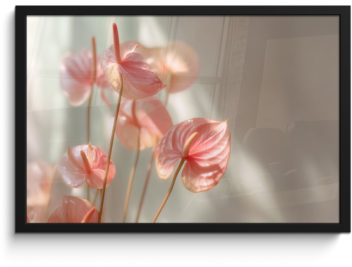 FrameYourWall Poster in lijst - Fotolijst 60x40 cm - Posters - Bloemen - Stelen - Roze - Schaduw - Posterlijst zwart - Decoratie - Wanddecoratie woonkamer - Muurdecoratie slaapkamer