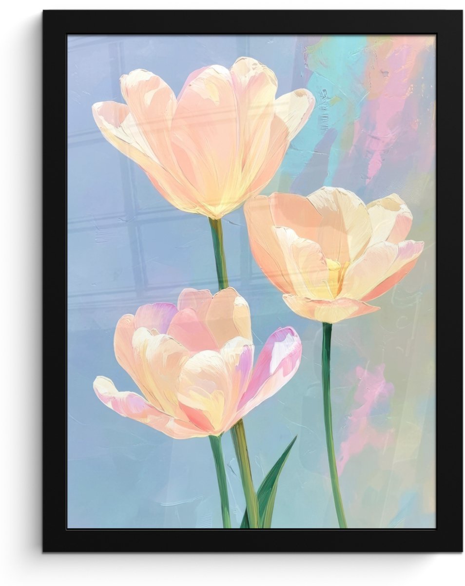 FrameYourWall Poster in lijst - Fotolijst 30x40 cm - Posters - Tulpen - Roze accenten - Blauw - Posterlijst zwart - Decoratie - Wanddecoratie woonkamer - Muurdecoratie slaapkamer