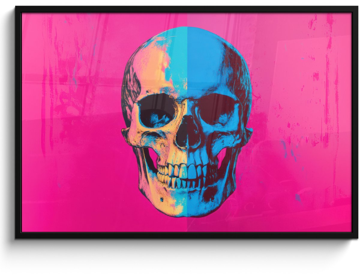 FrameYourWall Poster in lijst - Fotolijst 120x80 cm - Posters - Neon - Blauw - Pop-art - Schedel - Posterlijst zwart - Decoratie - Wanddecoratie woonkamer - Muurdecoratie slaapkamer Schedel - Neon