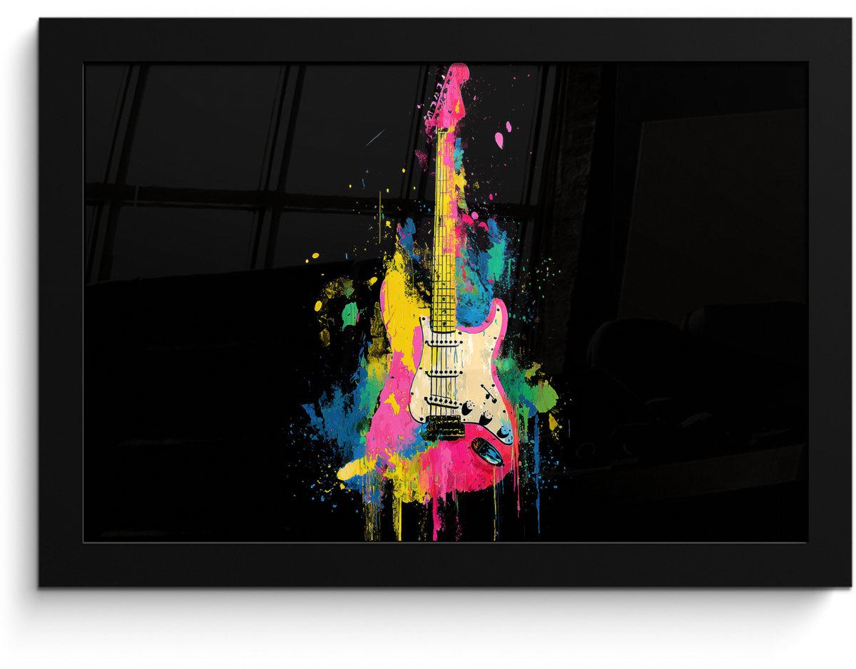 FrameYourWall Poster in lijst - Fotolijst 30x20 cm - Posters - Gitaar - Kleurrijk - Verf - Posterlijst zwart - Decoratie - Wanddecoratie woonkamer - Muurdecoratie slaapkamer