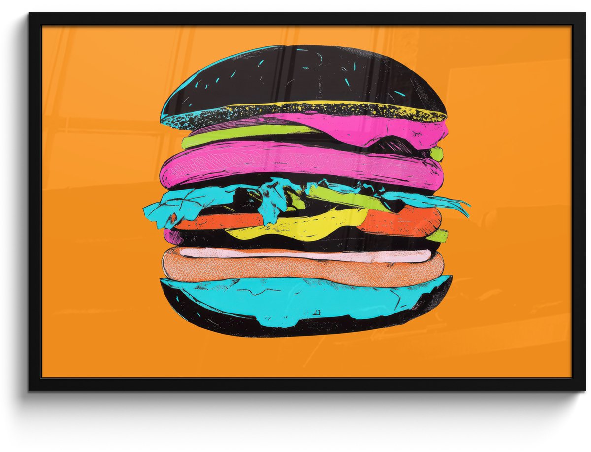 FrameYourWall Poster in lijst - Fotolijst 90x60 cm - Posters - Hamburger - Kleurrijk - Speels - Posterlijst zwart - Decoratie - Wanddecoratie woonkamer - Muurdecoratie slaapkamer