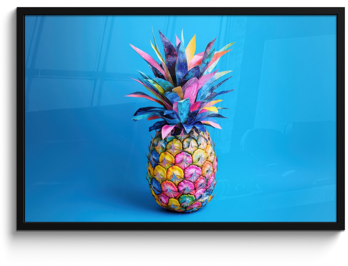 FrameYourWall Poster in lijst - Fotolijst 90x60 cm - Posters - Ananas - Blauw - Tropisch - Vrolijk - Posterlijst zwart - Decoratie - Wanddecoratie woonkamer - Muurdecoratie slaapkamer Ananas - Tropisch