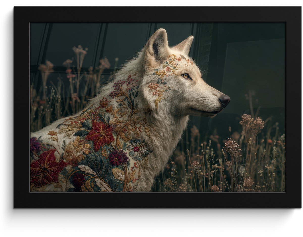 FrameYourWall Poster in lijst - Fotolijst 30x20 cm - Posters - Wolf - Bloemen - Natuur - Posterlijst zwart - Decoratie - Wanddecoratie woonkamer - Muurdecoratie slaapkamer