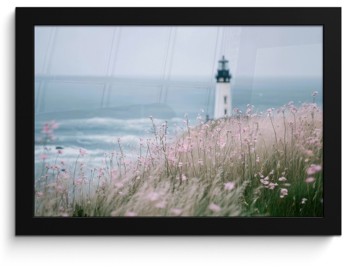 FrameYourWall Poster in lijst - Fotolijst 30x20 cm - Posters - Vuurtoren - Klif - Zee - Bloemen - Posterlijst zwart - Decoratie - Wanddecoratie woonkamer - Muurdecoratie slaapkamer Vuurtoren - Zee - Bloemen