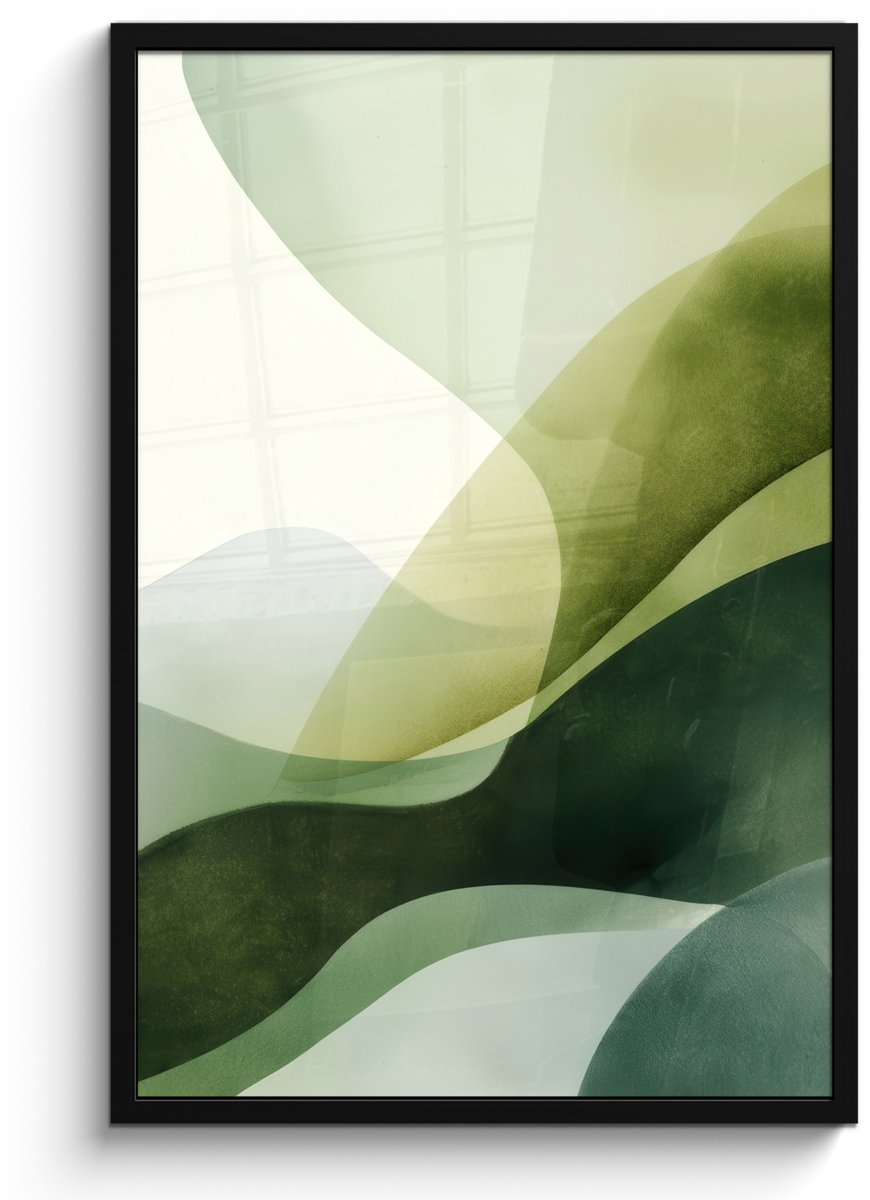 FrameYourWall Poster in lijst - Fotolijst 60x90 cm - Posters - Golven - Abstract - Lichtgroen - Sierlijk - Posterlijst zwart - Decoratie - Wanddecoratie woonkamer - Muurdecoratie slaapkamer