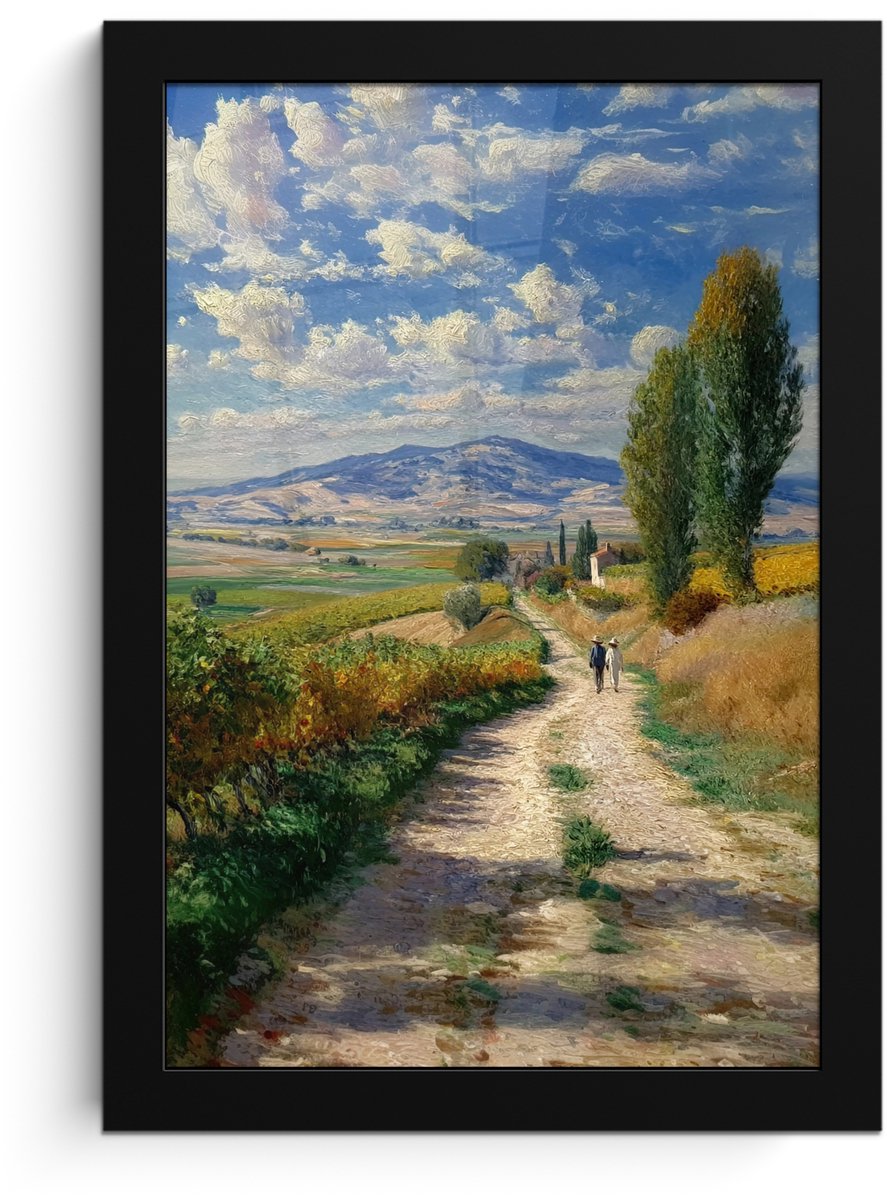 FrameYourWall Poster in lijst - Fotolijst 20x30 cm - Posters - Mensen - Wandelen - Zandpad - Velden - Posterlijst zwart - Decoratie - Wanddecoratie woonkamer - Muurdecoratie slaapkamer Zandpad - Velden - Bergen