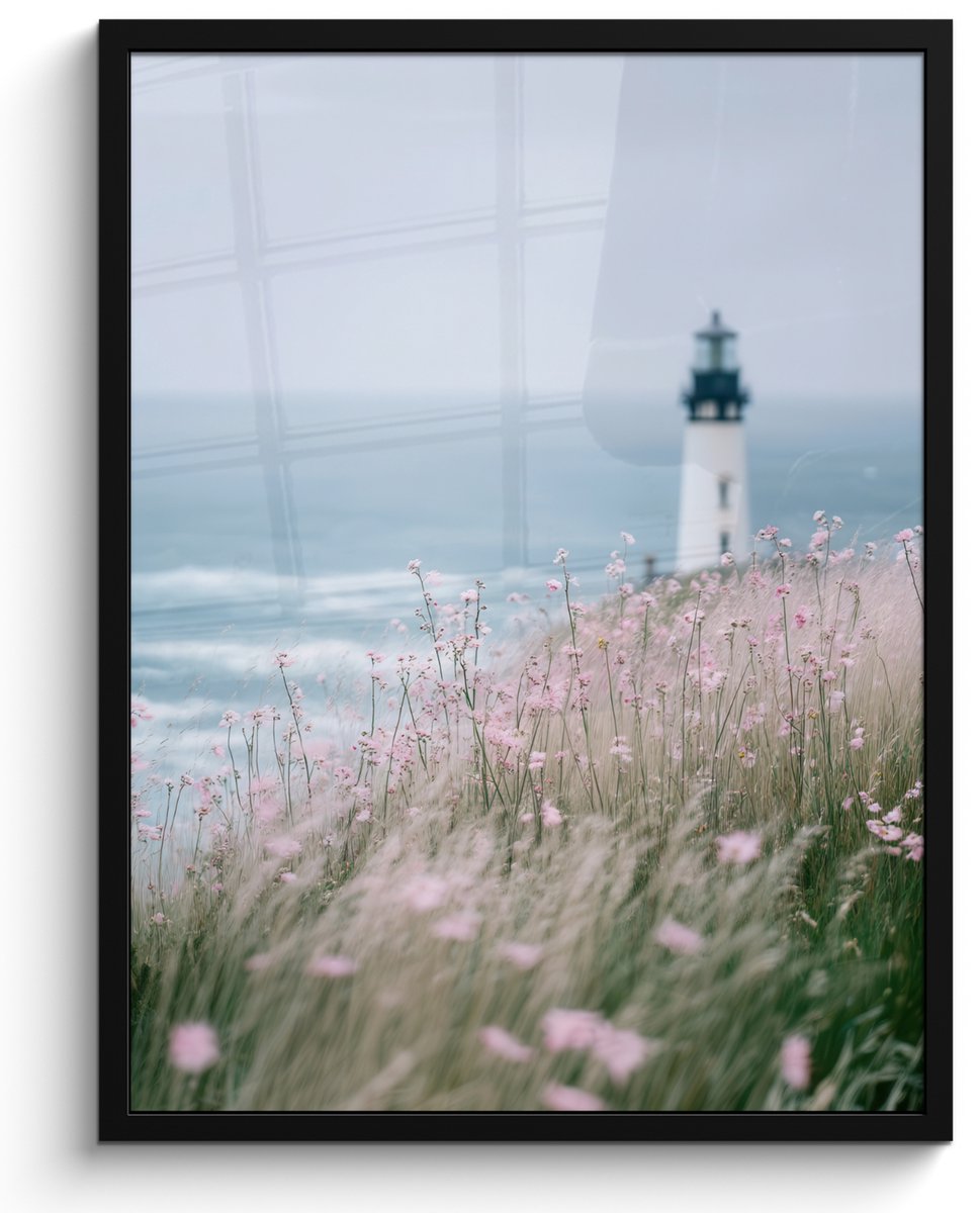 FrameYourWall Poster in lijst - Fotolijst 60x80 cm - Posters - Vuurtoren - Klif - Zee - Bloemen - Posterlijst zwart - Decoratie - Wanddecoratie woonkamer - Muurdecoratie slaapkamer Vuurtoren - Zee - Bloemen