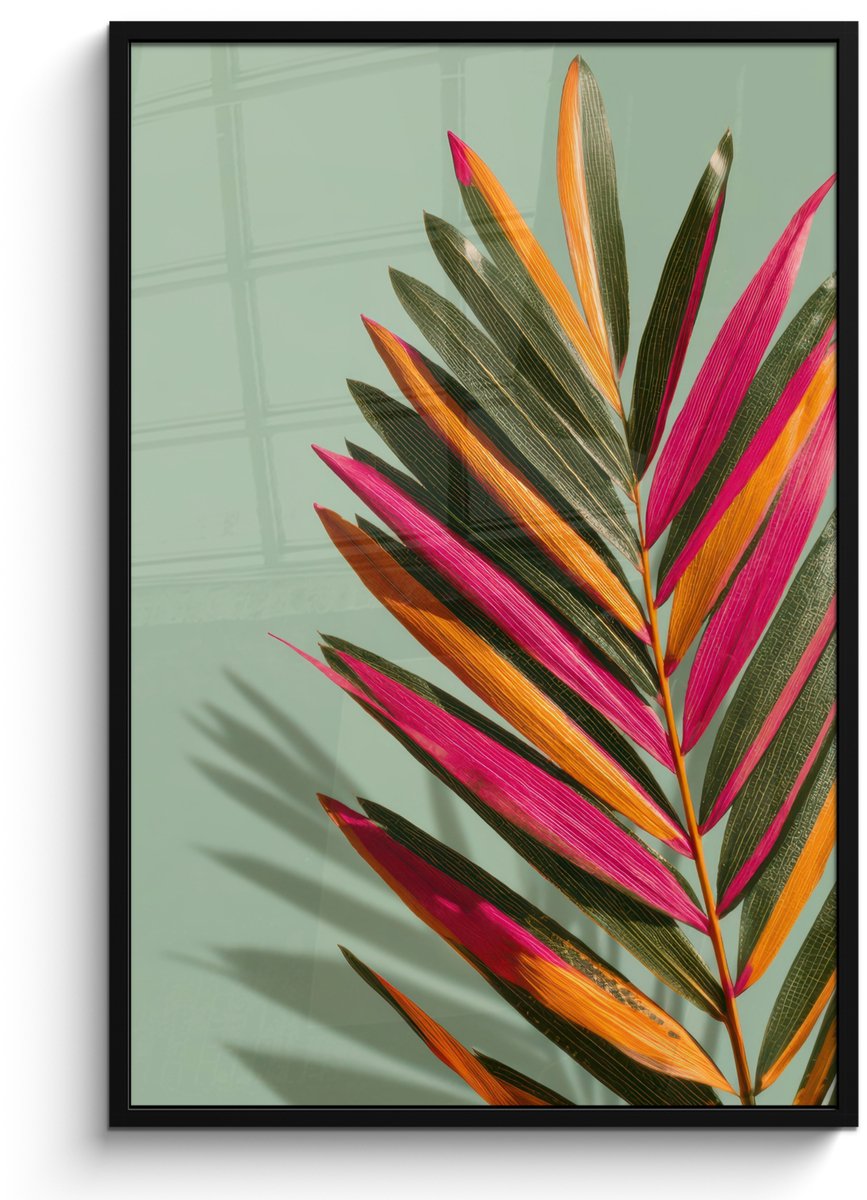FrameYourWall Poster in lijst - Fotolijst 80x120 cm - Posters - Tak - Bladeren - Kleurrijk - Schaduw - Posterlijst zwart - Decoratie - Wanddecoratie woonkamer - Muurdecoratie slaapkamer