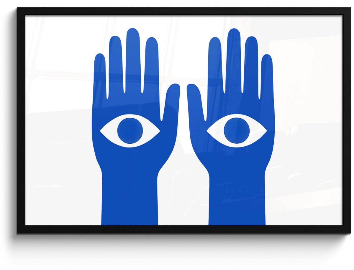 FrameYourWall Poster in lijst - Fotolijst 90x60 cm - Posters - Handen - Twee - Ogen - Blauw - Posterlijst zwart - Decoratie - Wanddecoratie woonkamer - Muurdecoratie slaapkamer Handen - Ogen