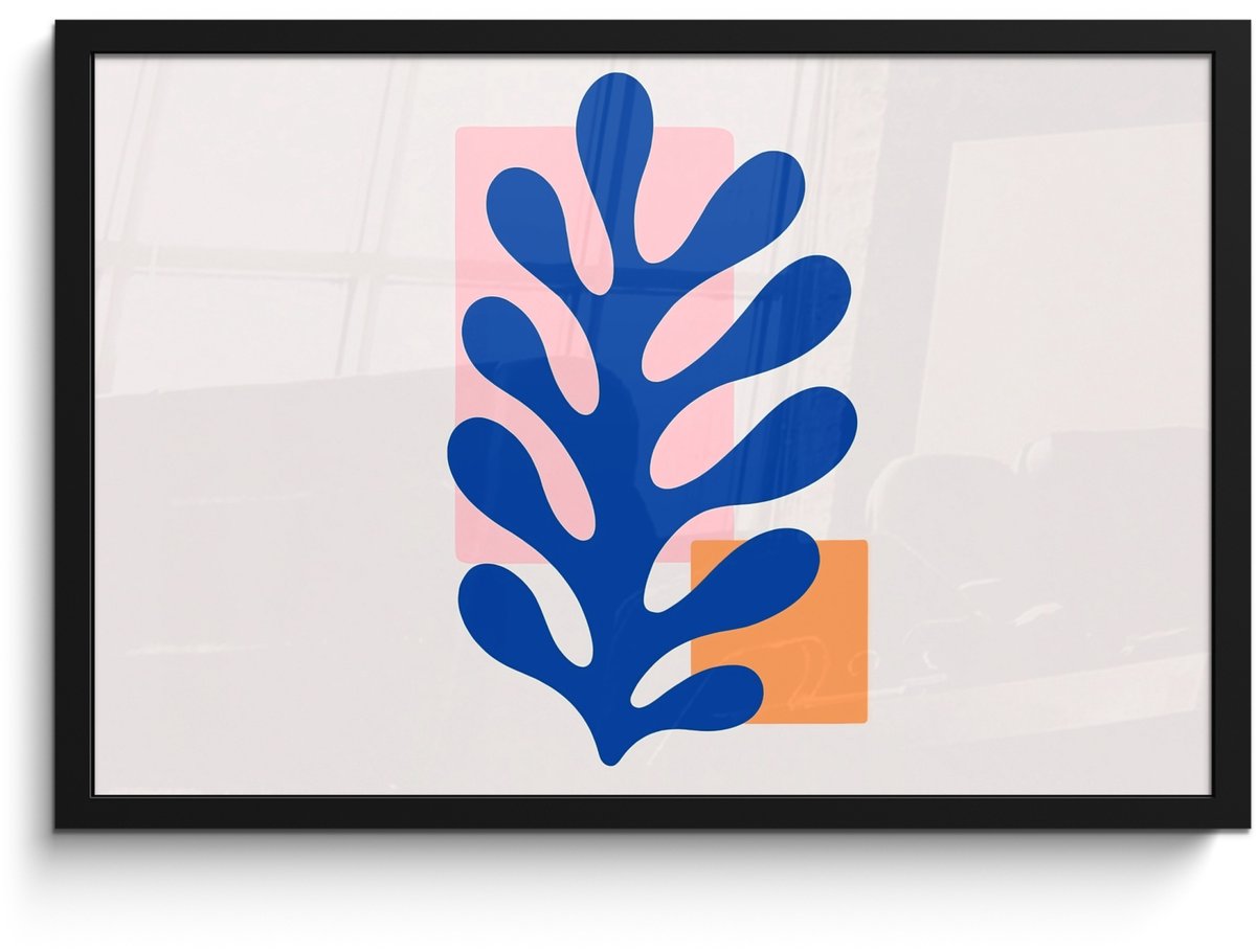 FrameYourWall Poster in lijst - Fotolijst 60x40 cm - Posters - Abstract - Blad - Blauw - Rechthoeken - Posterlijst zwart - Decoratie - Wanddecoratie woonkamer - Muurdecoratie slaapkamer