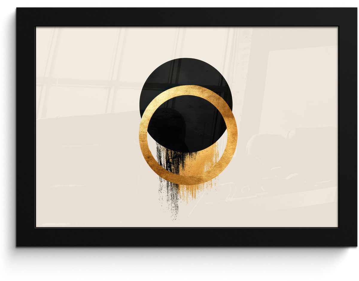 FrameYourWall Poster in lijst - Fotolijst 30x20 cm - Posters - Abstract ontwerp - Zwarte cirkel - Verfvlekken - Posterlijst zwart - Decoratie - Wanddecoratie woonkamer - Muurdecoratie slaapkamer Cirkels - Verfvlekken