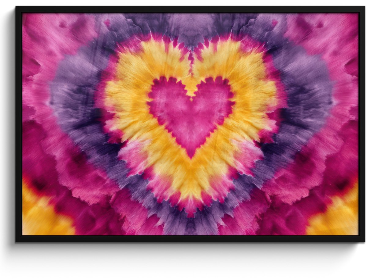 FrameYourWall Poster in lijst - Fotolijst 120x80 cm - Posters - Tie dye - Hartvorm - Vlammen - Oranje - Posterlijst zwart - Decoratie - Wanddecoratie woonkamer - Muurdecoratie slaapkamer