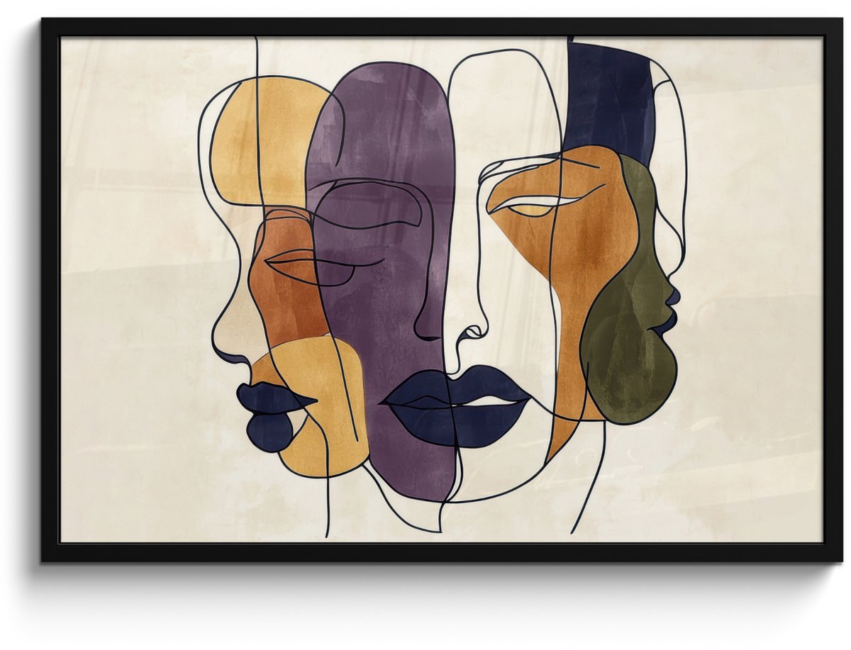 FrameYourWall Poster in lijst - Fotolijst 90x60 cm - Posters - Abstract - Overlappende gezichten - Paars - Donkergroen - Posterlijst zwart - Decoratie - Wanddecoratie woonkamer - Muurdecoratie slaapkamer Abstract - Gezichten