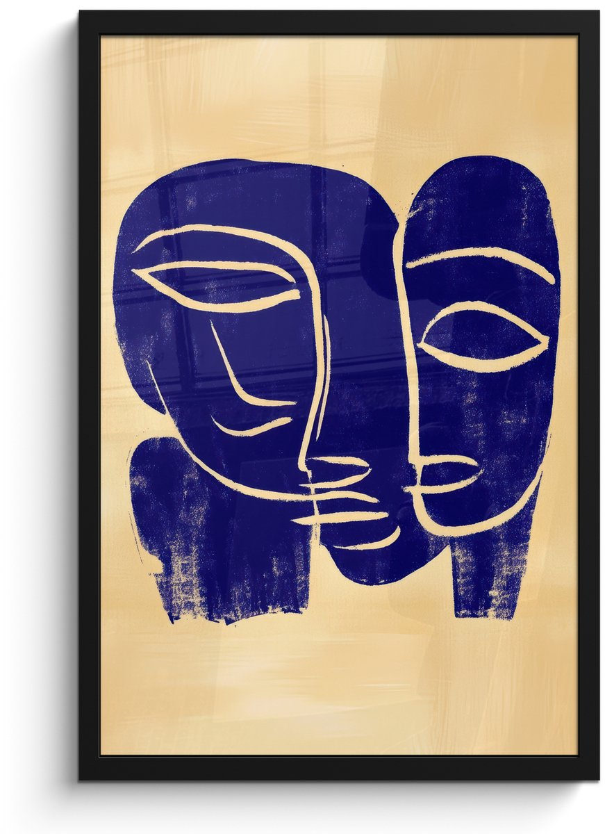 FrameYourWall Poster in lijst - Fotolijst 40x60 cm - Posters - Okergeel - Blauw - Eenvoudige lijnen - Posterlijst zwart - Decoratie - Wanddecoratie woonkamer - Muurdecoratie slaapkamer Lijnen - Gezichten