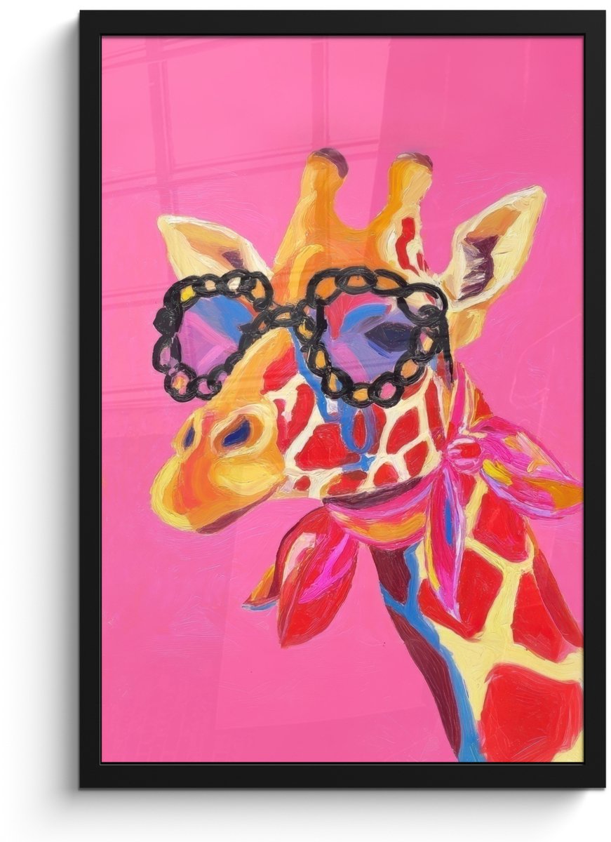 FrameYourWall Poster in lijst - Fotolijst 40x60 cm - Posters - Giraf - Roze - Bril - Sjaal - Posterlijst zwart - Decoratie - Wanddecoratie woonkamer - Muurdecoratie slaapkamer