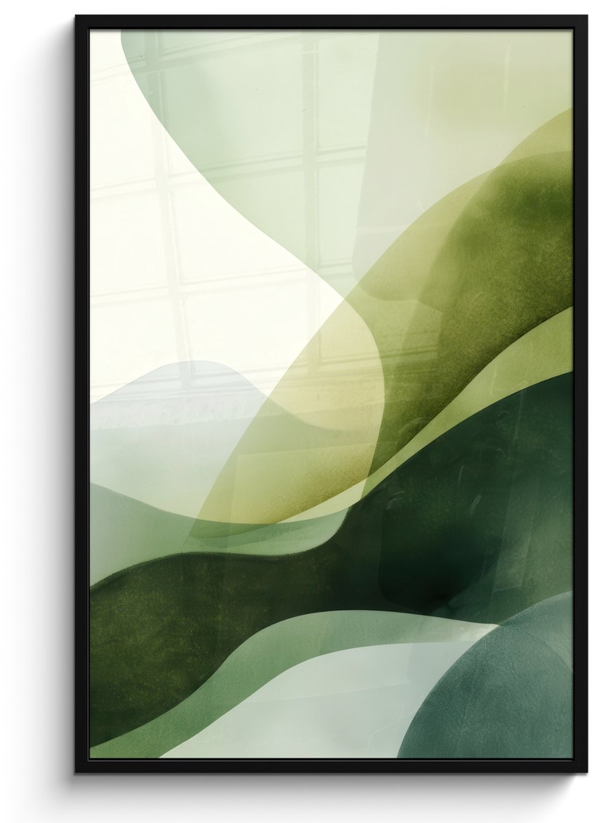 FrameYourWall Poster in lijst - Fotolijst 80x120 cm - Posters - Golven - Abstract - Lichtgroen - Sierlijk - Posterlijst zwart - Decoratie - Wanddecoratie woonkamer - Muurdecoratie slaapkamer