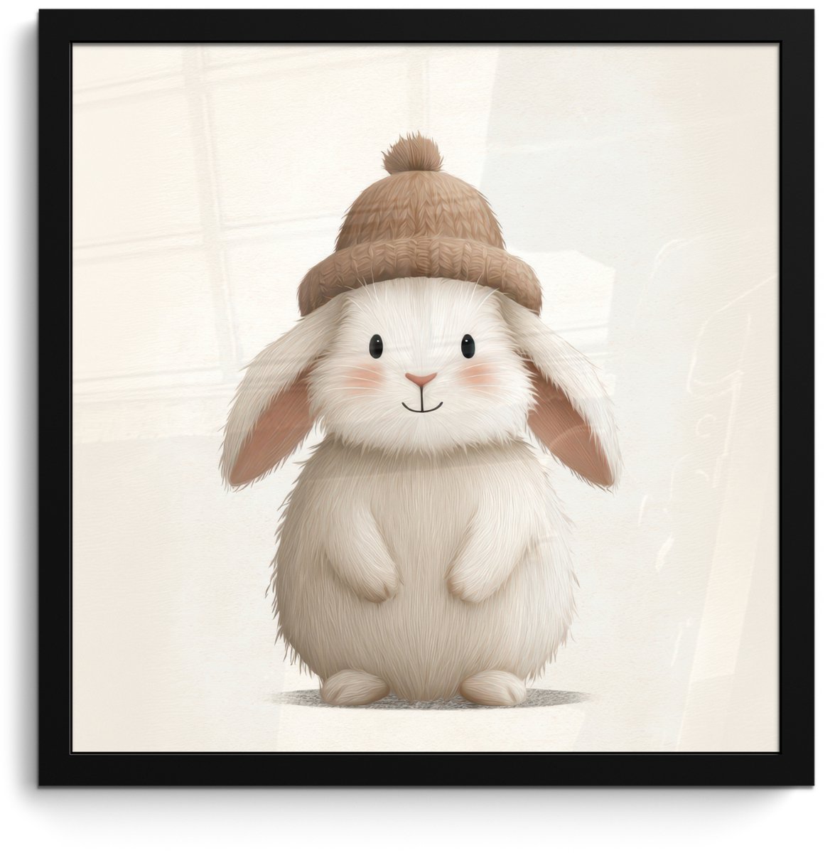 FrameYourWall Poster in lijst - Fotolijst 40x40 cm - Posters - Konijn - Muts - Oren - Beige - Posterlijst zwart - Decoratie - Wanddecoratie woonkamer - Muurdecoratie slaapkamer