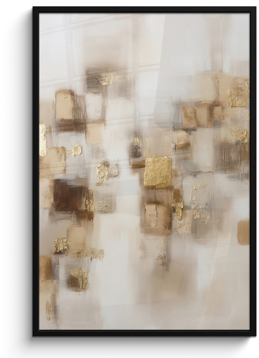 FrameYourWall Poster in lijst - Fotolijst 80x120 cm - Posters - Abstracte vierkanten - Aardetonen - Mistig - Posterlijst zwart - Decoratie - Wanddecoratie woonkamer - Muurdecoratie slaapkamer Aardetonen - Mistig - Abstract