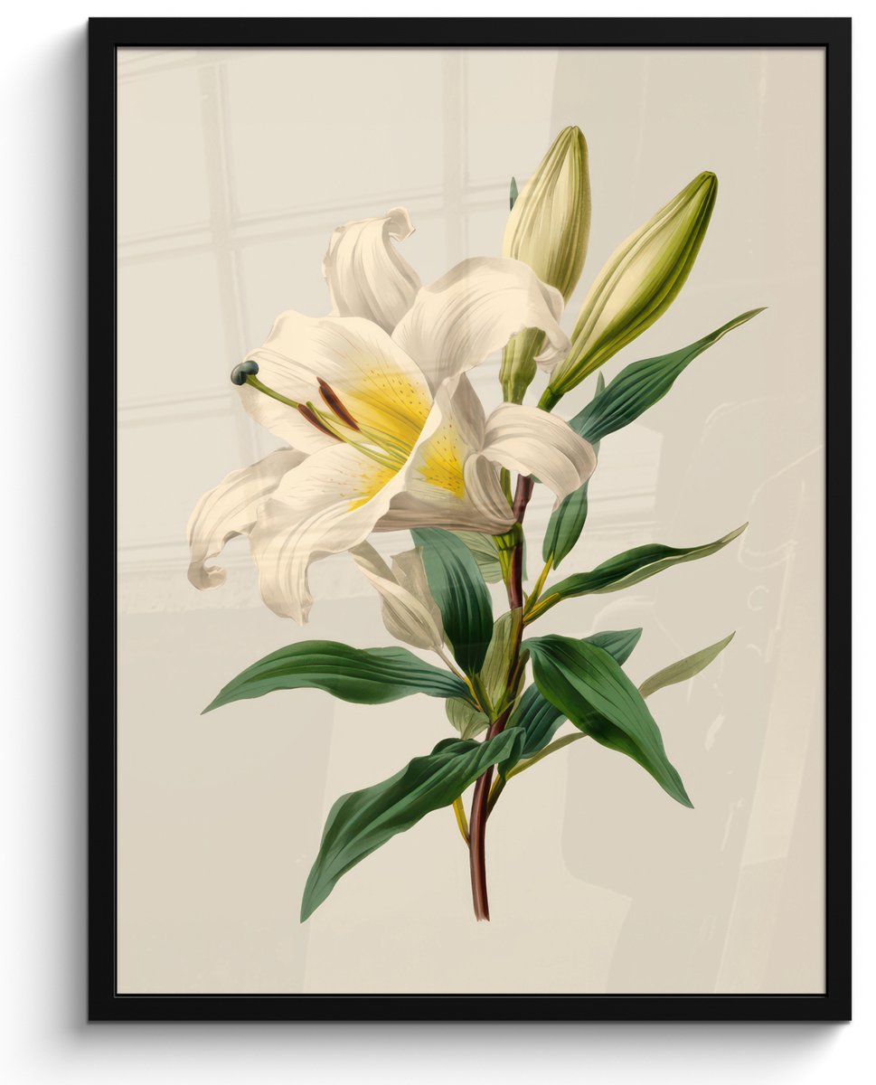 FrameYourWall Poster in lijst - Fotolijst 60x80 cm - Posters - Lelie - Elegant - Botanisch - Beige - Posterlijst zwart - Decoratie - Wanddecoratie woonkamer - Muurdecoratie slaapkamer