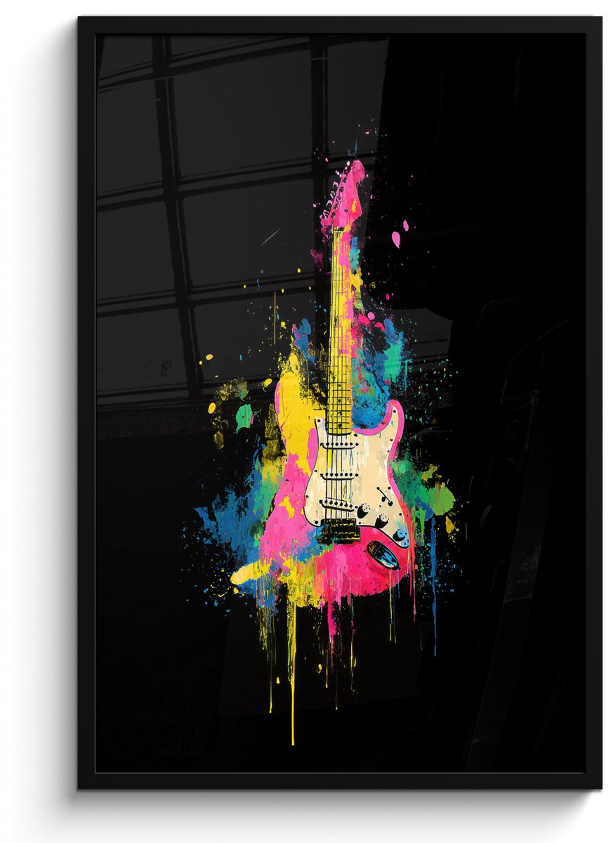 FrameYourWall Poster in lijst - Fotolijst 60x90 cm - Posters - Gitaar - Kleurrijk - Verf - Posterlijst zwart - Decoratie - Wanddecoratie woonkamer - Muurdecoratie slaapkamer