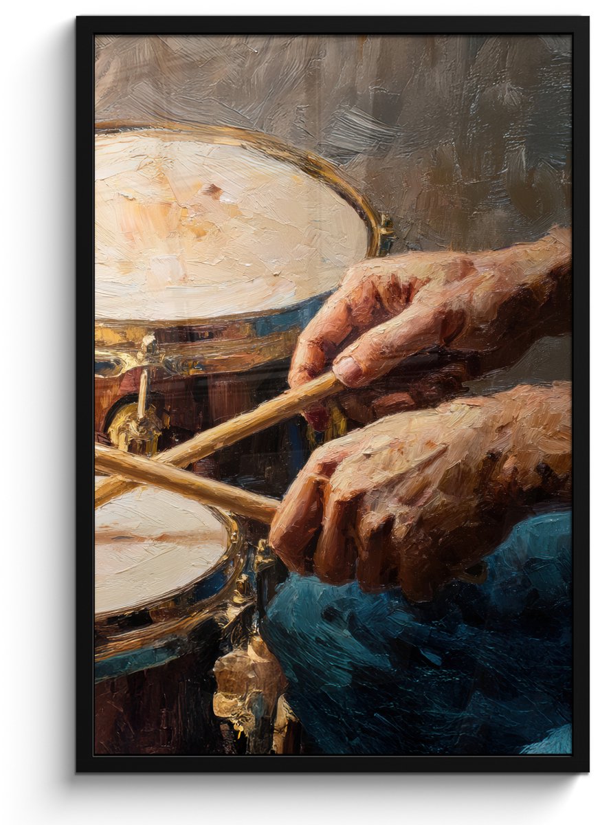 FrameYourWall Poster in lijst - Fotolijst 60x90 cm - Posters - Drumstokken - Olieverf - Man - Posterlijst zwart - Decoratie - Wanddecoratie woonkamer - Muurdecoratie slaapkamer