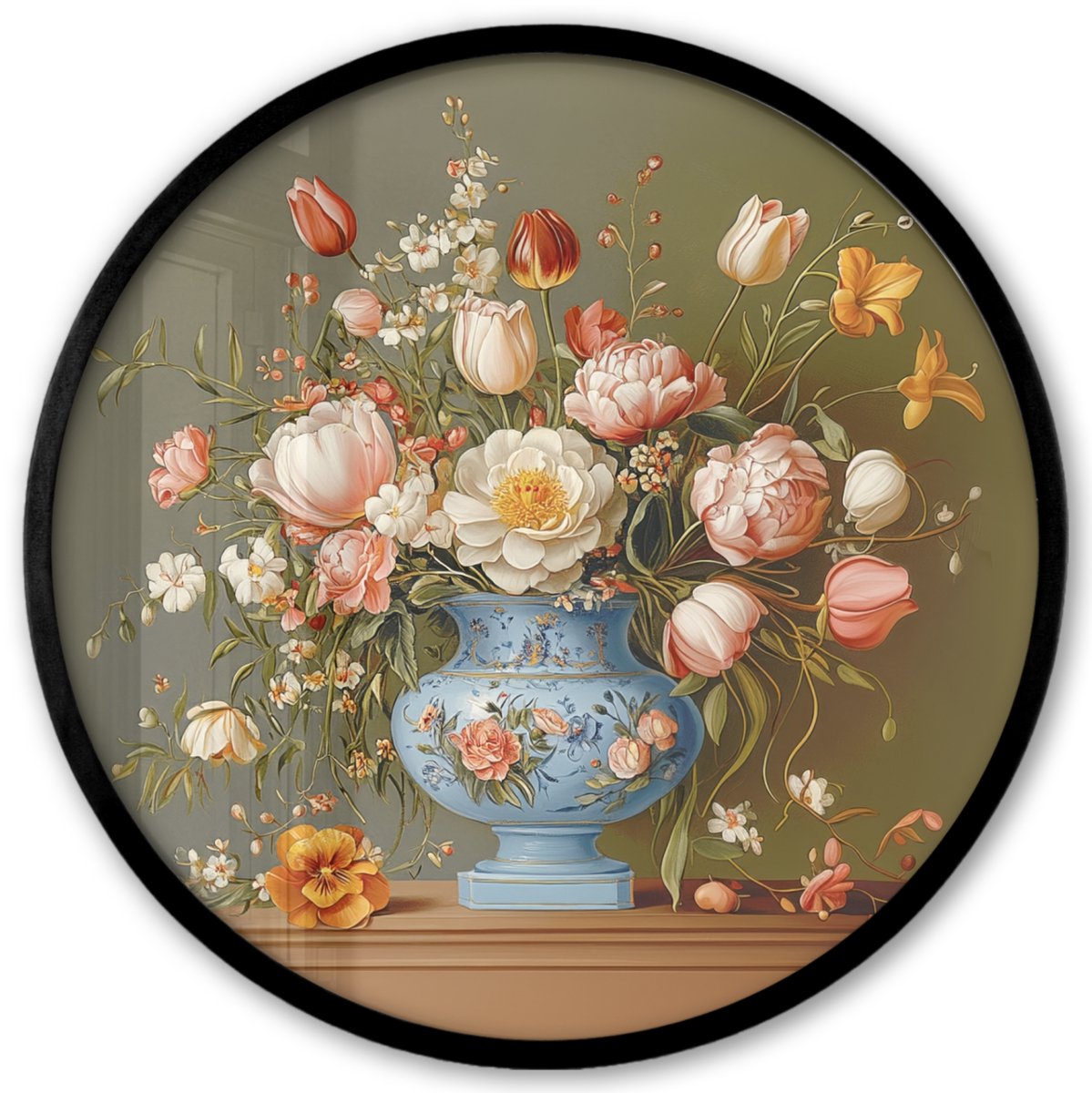 FrameYourWall Poster in lijst Rond - Fotolijst 40x40 cm - Posters - Neutral - Bloemen - Boeket - Vaas - Ronde posterlijst zwart - Decoratie - Wanddecoratie woonkamer - Muurdecoratie slaapkamer Bloemen - Vintage