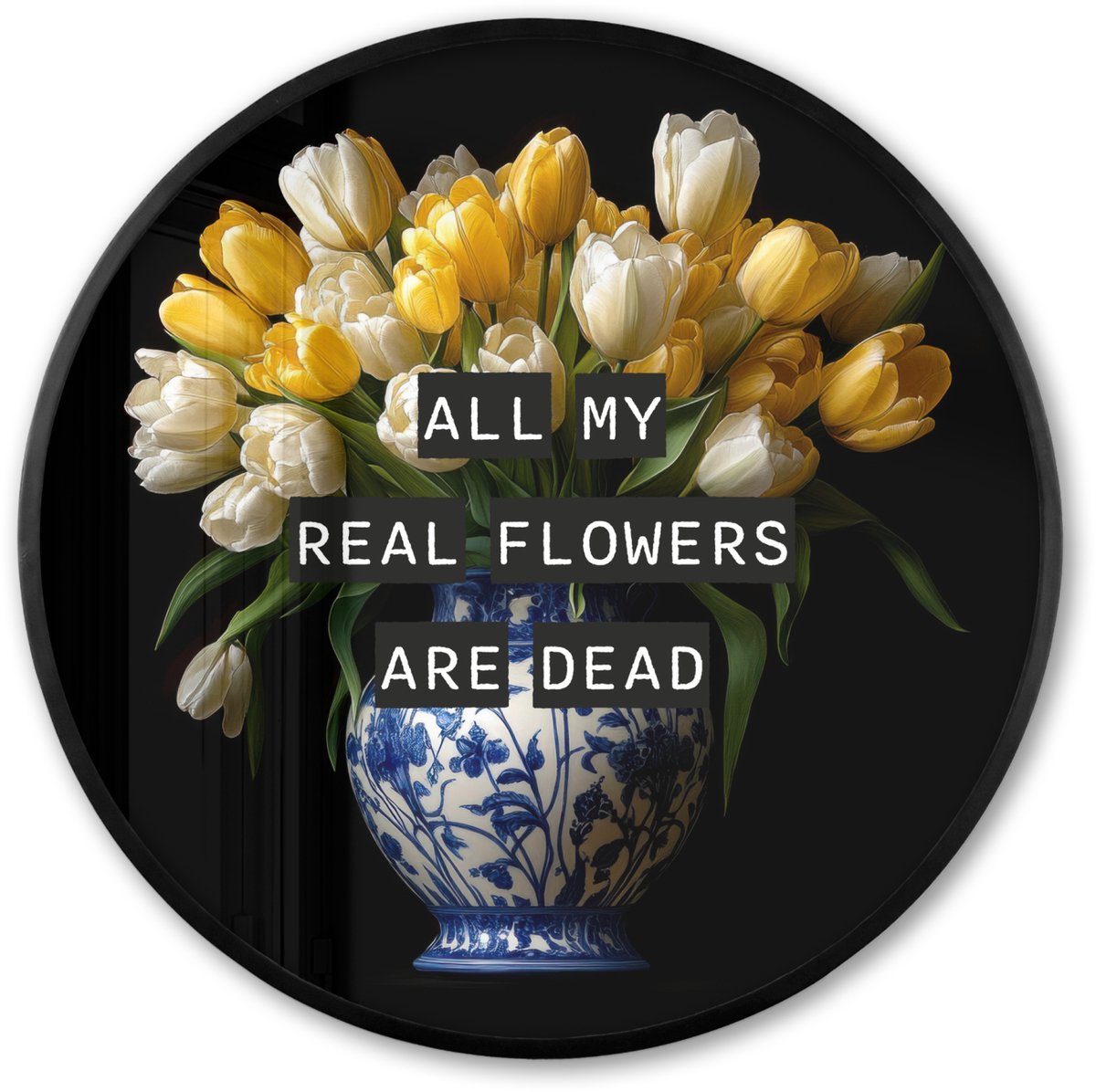 FrameYourWall Poster in lijst Rond - Fotolijst 60x60 cm - Posters - Quotes - Bloem - Tulp - Geel - Ronde posterlijst zwart - Decoratie - Wanddecoratie woonkamer - Muurdecoratie slaapkamer Tulpen - Geel - Quote