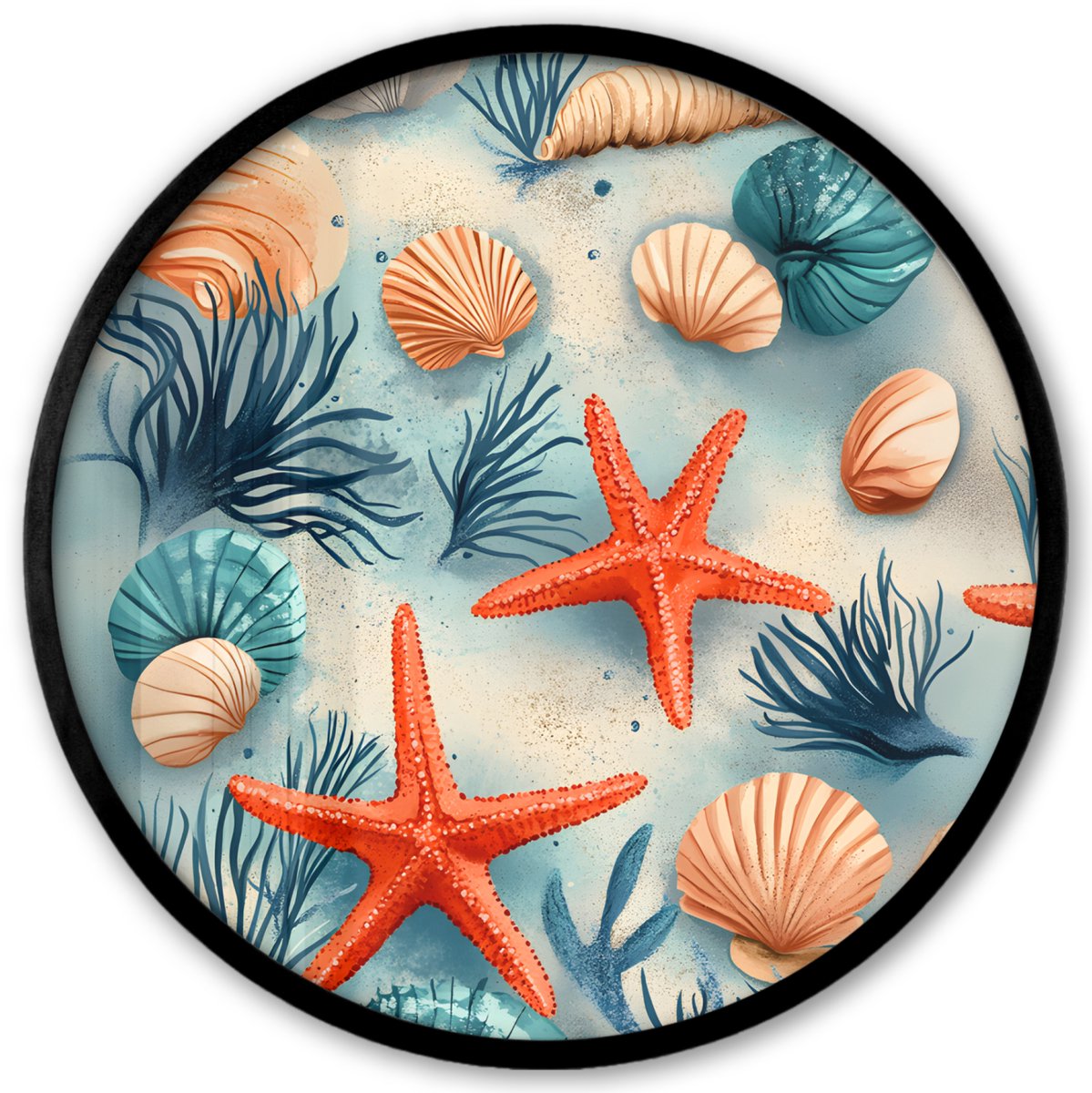FrameYourWall Poster in lijst Rond - Fotolijst 40x40 cm - Posters - Zeesterren - Schelpen - Illustratie - Zand - Ronde posterlijst zwart - Decoratie - Wanddecoratie woonkamer - Muurdecoratie slaapkamer