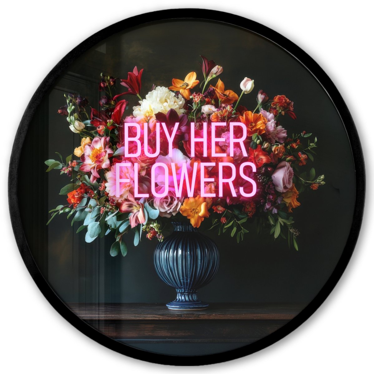 FrameYourWall Poster in lijst Rond - Fotolijst 40x40 cm - Posters - Quote - Bloemen - Vaas - Neon - Ronde posterlijst zwart - Decoratie - Wanddecoratie woonkamer - Muurdecoratie slaapkamer Multicolor