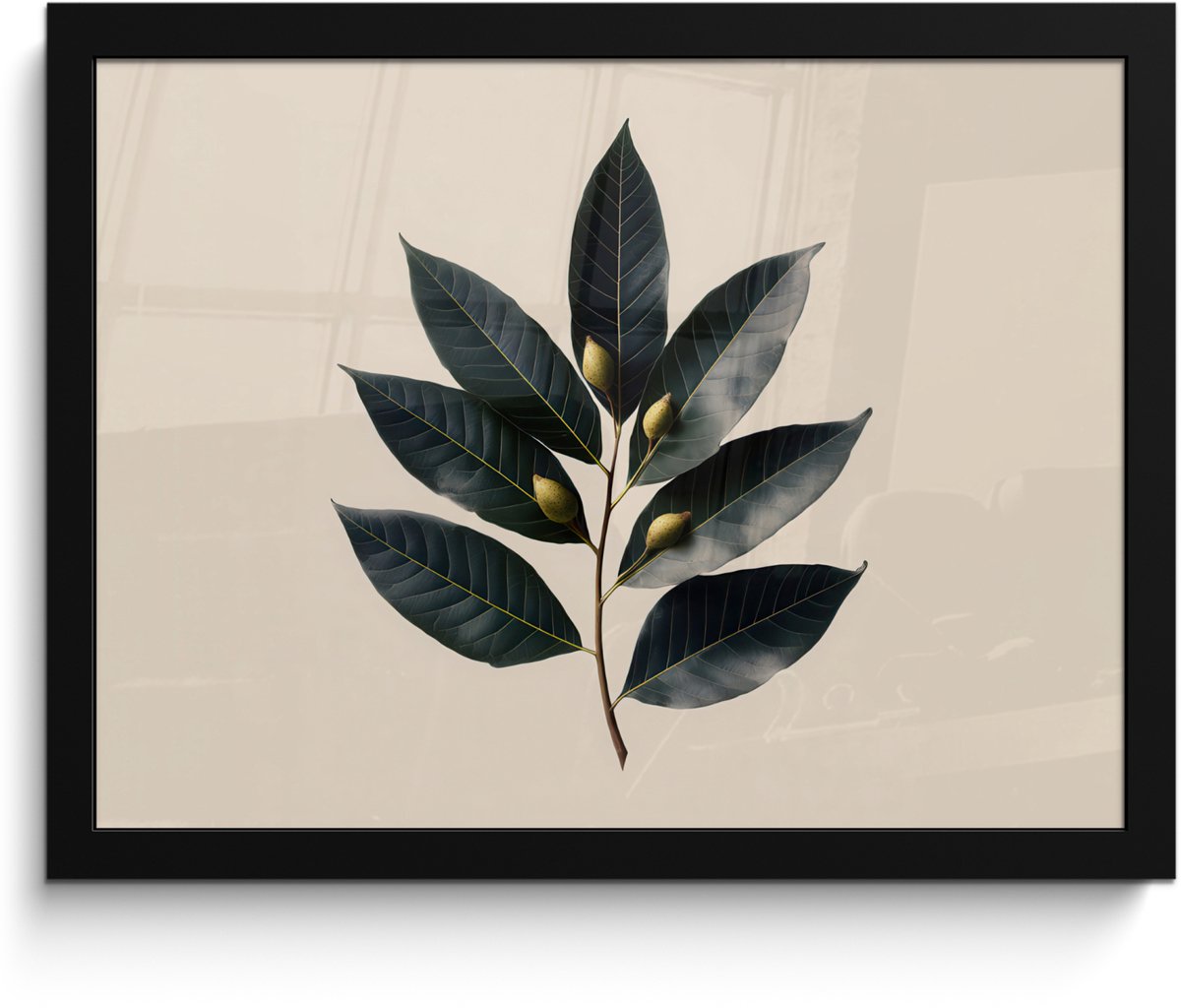 FrameYourWall Poster in lijst - Fotolijst 40x30 cm - Posters - Laurierbladeren - Bloemknoppen - subtiel - Posterlijst zwart - Decoratie - Wanddecoratie woonkamer - Muurdecoratie slaapkamer