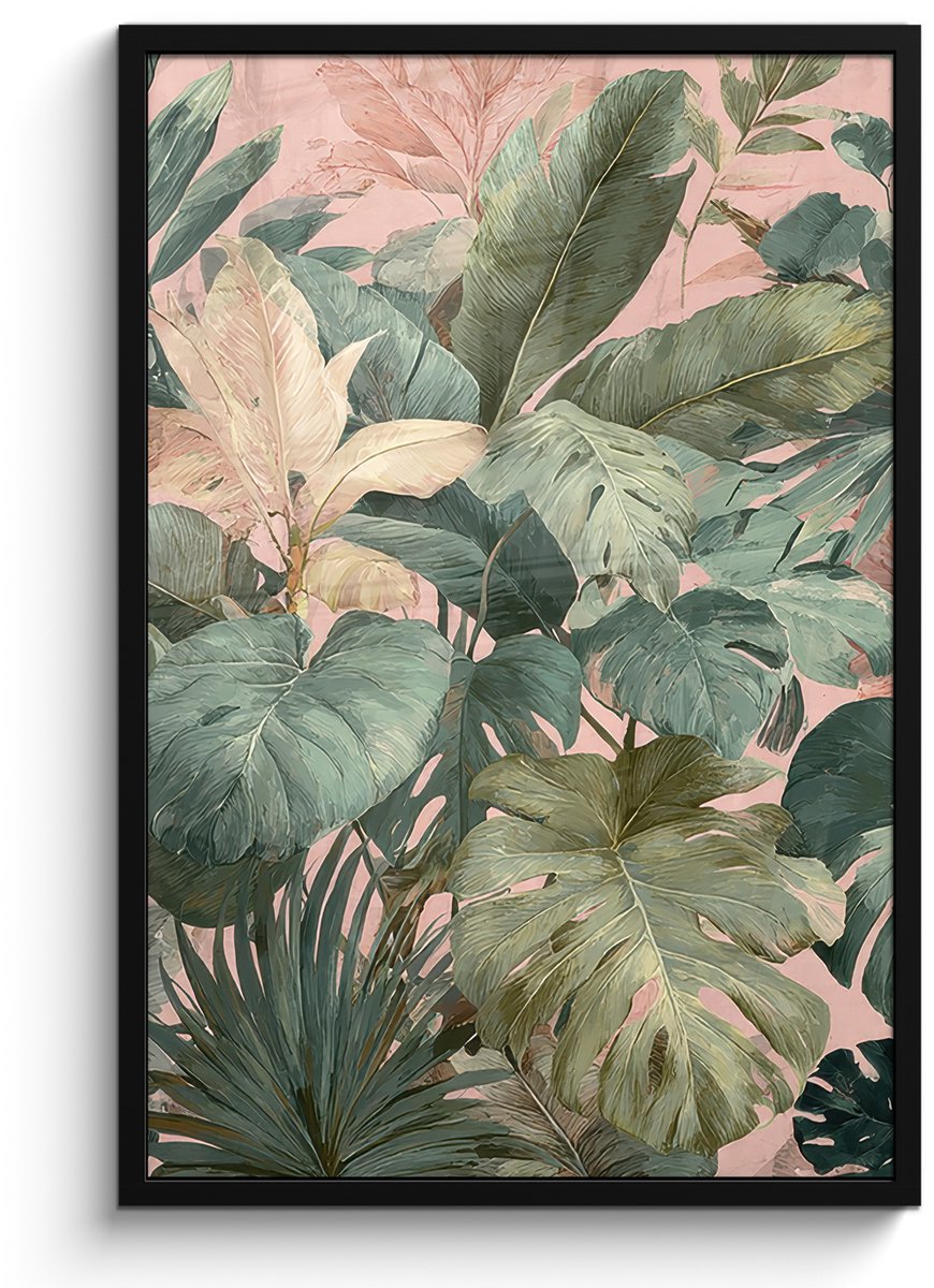 FrameYourWall Poster in lijst - Fotolijst 60x90 cm - Posters - Compositie van bladeren - Groen - Roze - Posterlijst zwart - Decoratie - Wanddecoratie woonkamer - Muurdecoratie slaapkamer Bladeren - Compositie