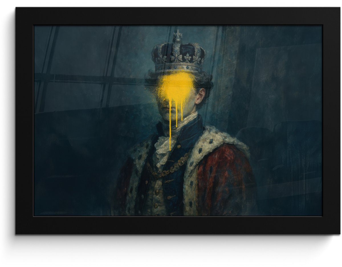 FrameYourWall Poster in lijst - Fotolijst 30x20 cm - Posters - Koning - Portret - Druipende gele verf - Posterlijst zwart - Decoratie - Wanddecoratie woonkamer - Muurdecoratie slaapkamer Koning - Portret - Verf