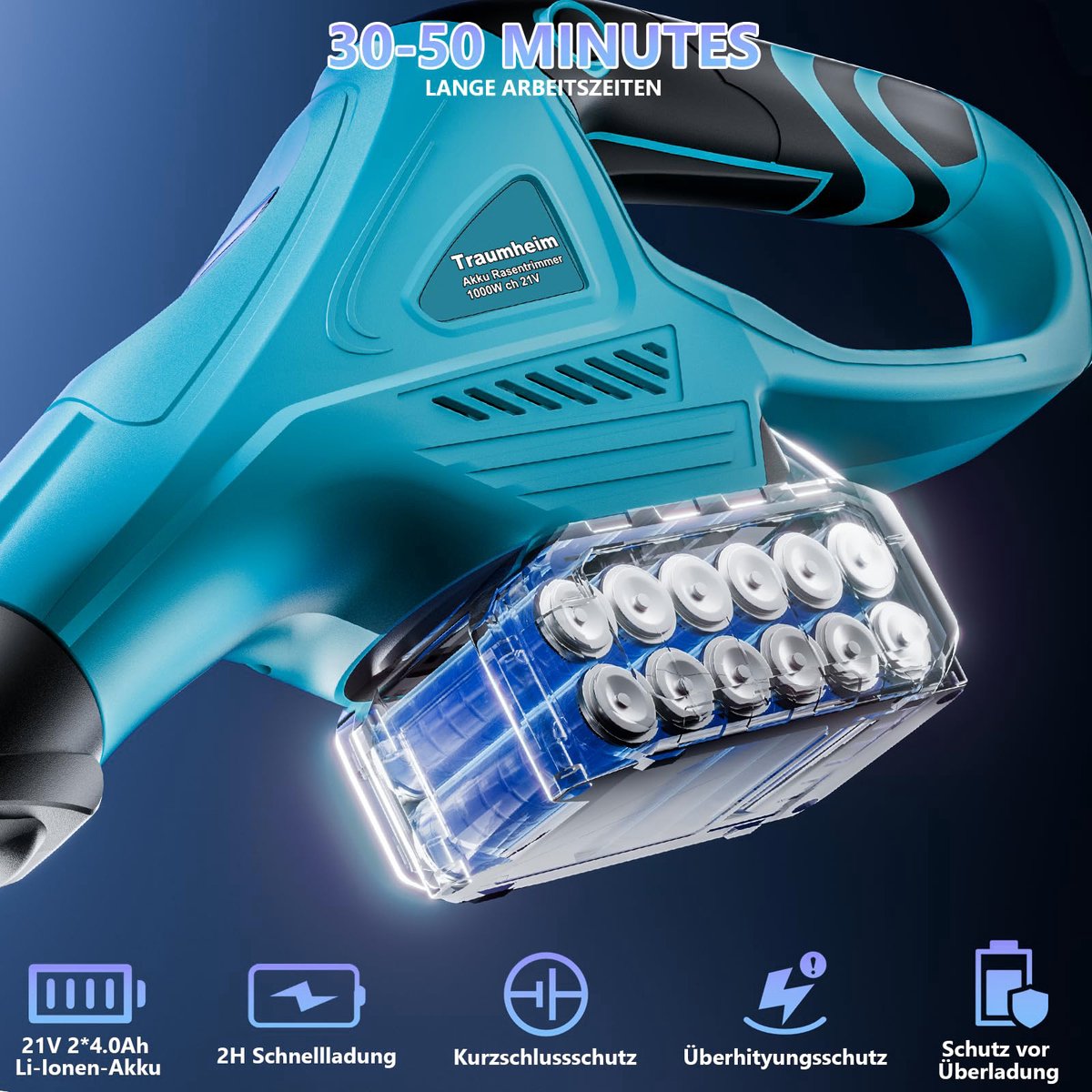 1000W Accu Grastrimmer - 4-in-1 Kantenmaaier – 26cm Snijdiameter – Bosmaaier – Grasmaaier – Draadloos & Elektrisch - Borstelloze Motor – Trimmer met 2x 4000mAh Accu en Lader – Uittrekbare Handgreep, Kantelbare Kop – Voor Gazon/Tuinklussen – foto 3