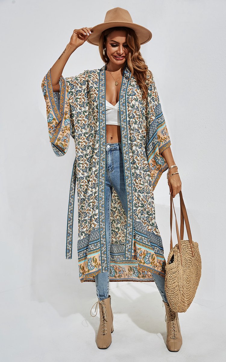 Ontspannen katoenen kimono met blauwe bloemenprint