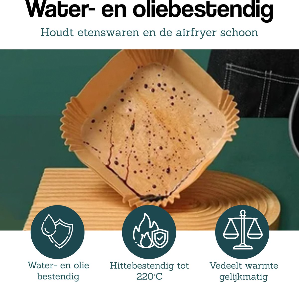 DIVERZA Airfryer bakpapier 50 stuks – 16 cm – Heteluchtfriteuse Wegwerpbakjes – Geschikt voor Airfryer – Wegwerppapier – Vierkant – Airfryer accessoires — afbeelding 4