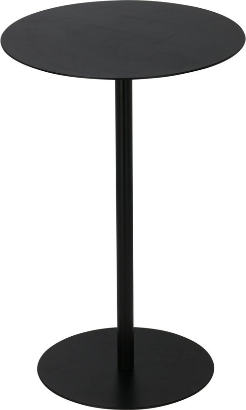Table d'appoint ronde noire avec pied et tige fins et ronds. Diamètre 35 cm, hauteur 53 cm.